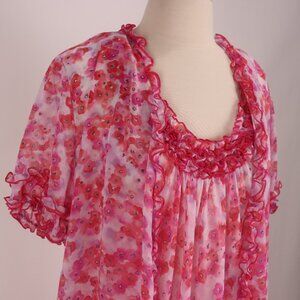 Oscar de la Renta NWOT Floral Red Pink Short Nightgown Robe Set Peignoir Medium